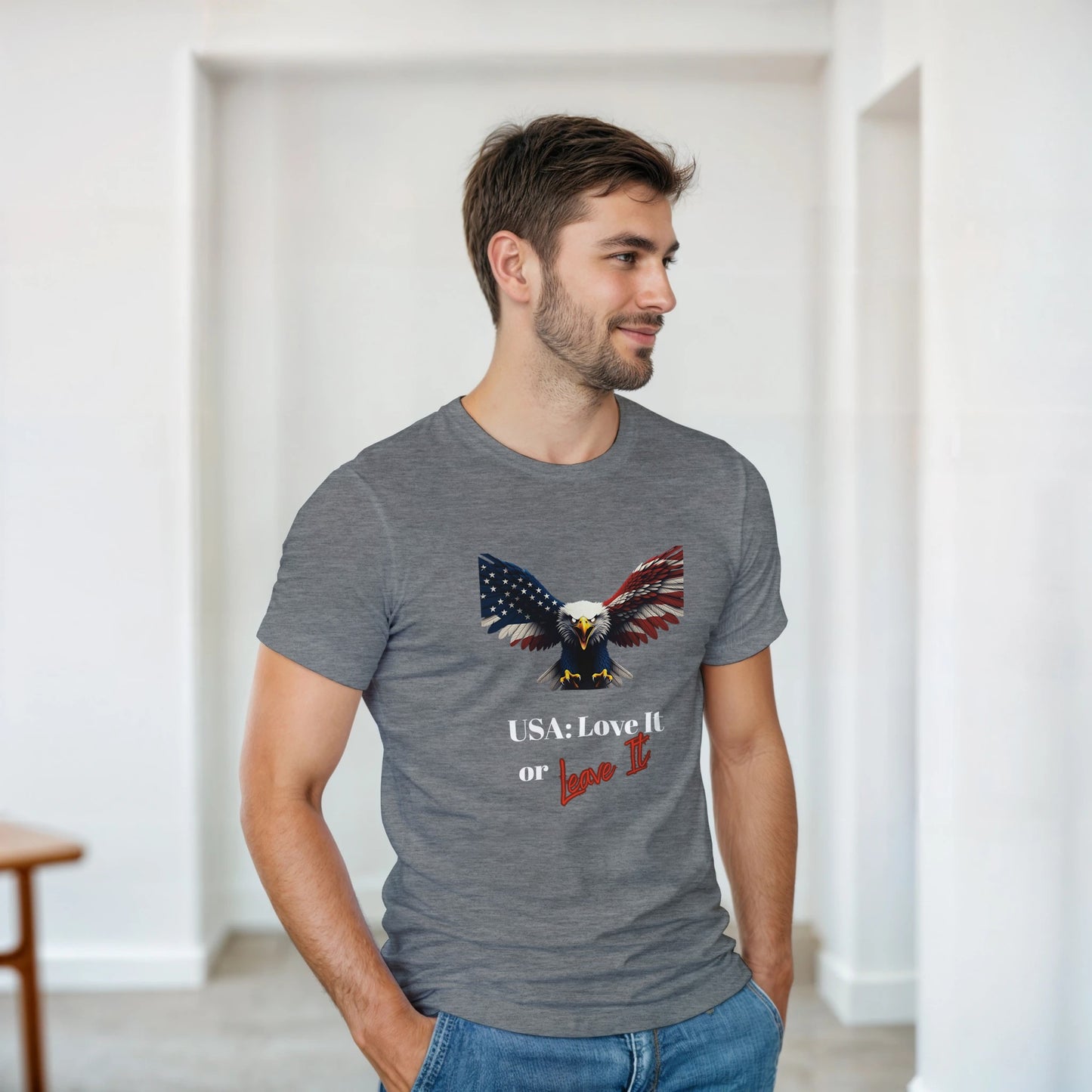 Love It or Leave It Patriotic Eagle on a Heavyweight T-shirt