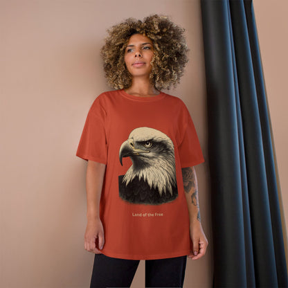 Engraved Eagle - Land of the Free - text on the muted of a Champion Tee
