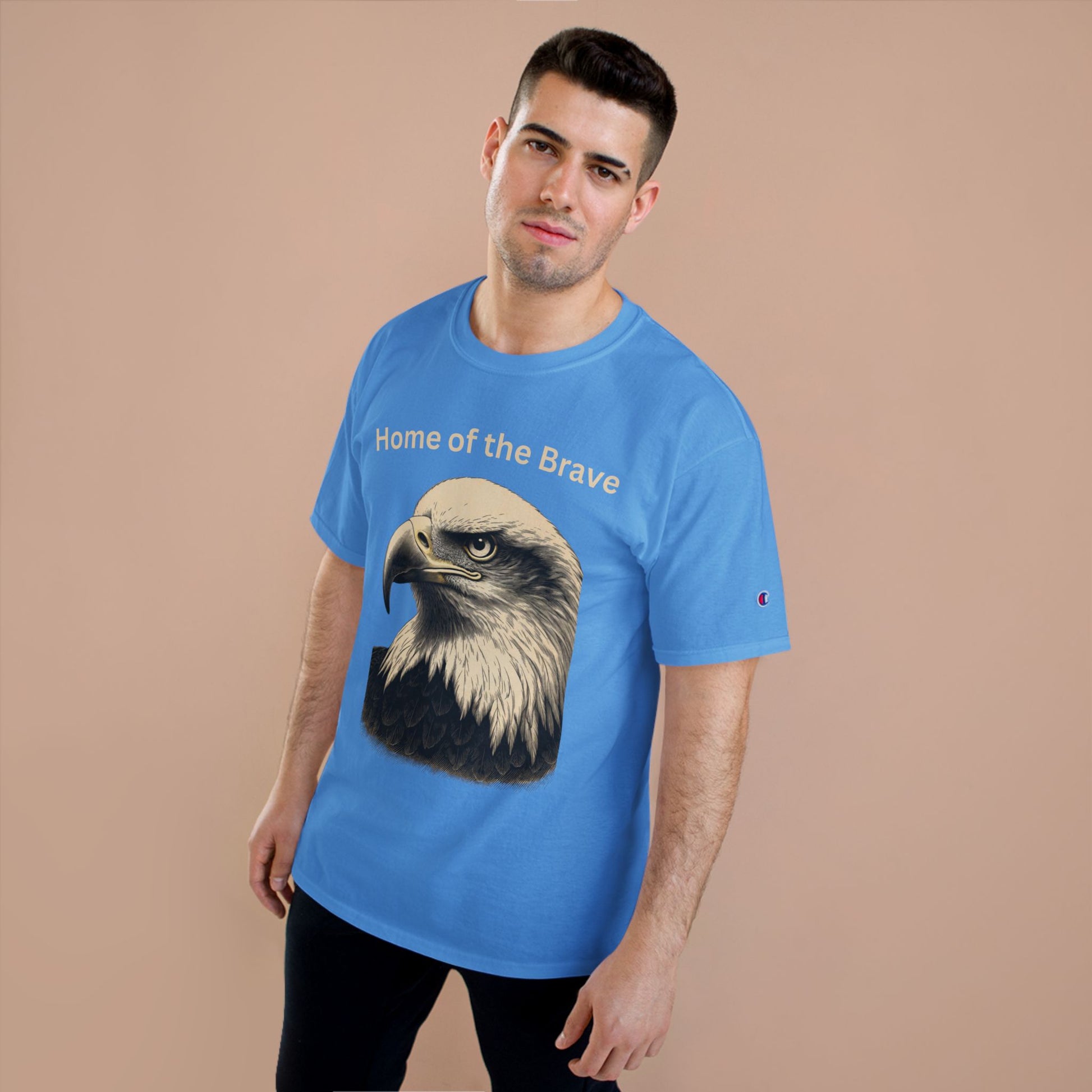 Engraved Eagle - Home of the Brave - text on the top of a Champion Tee