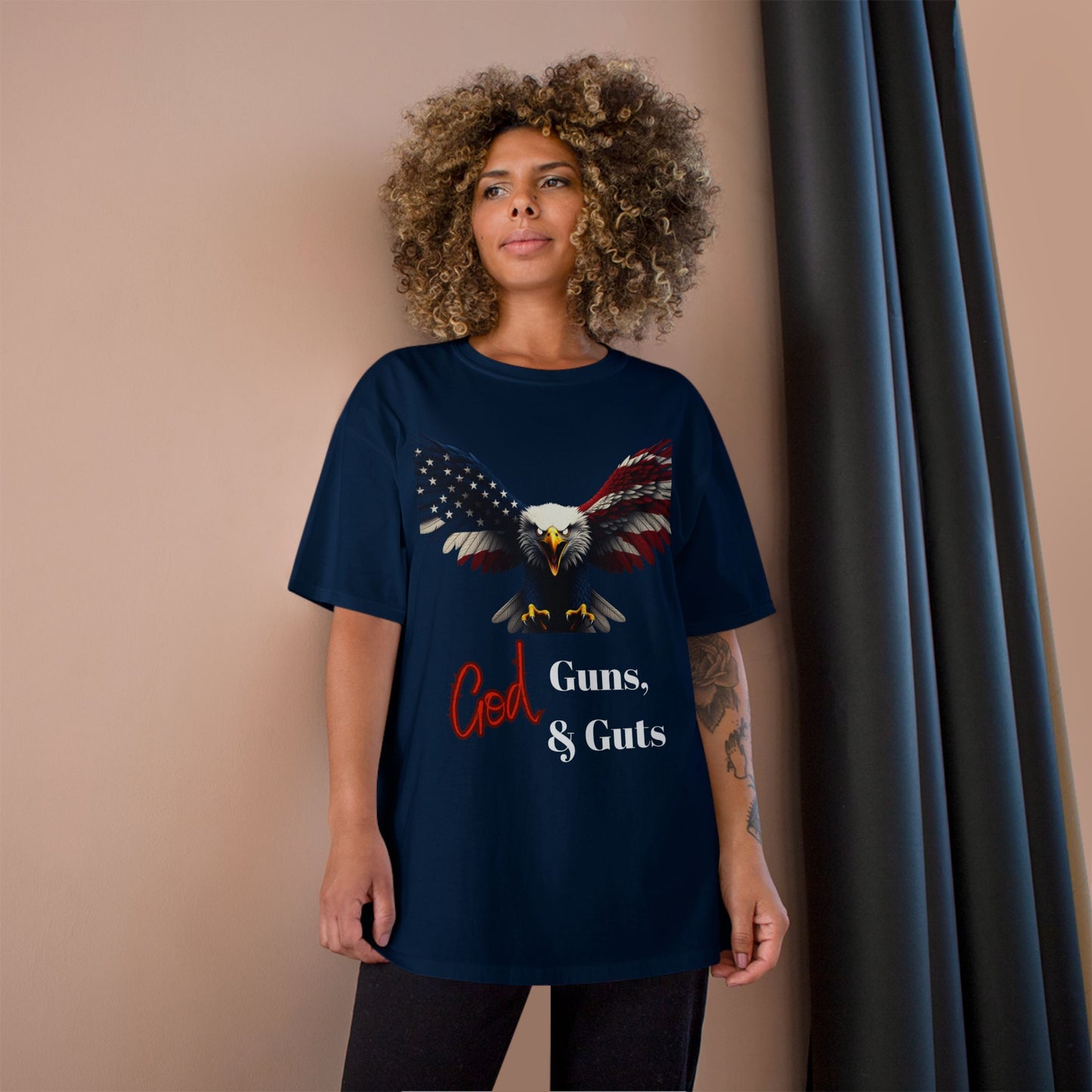 God Guns & Guts Patriotic Eagle on a Champion T-shirt