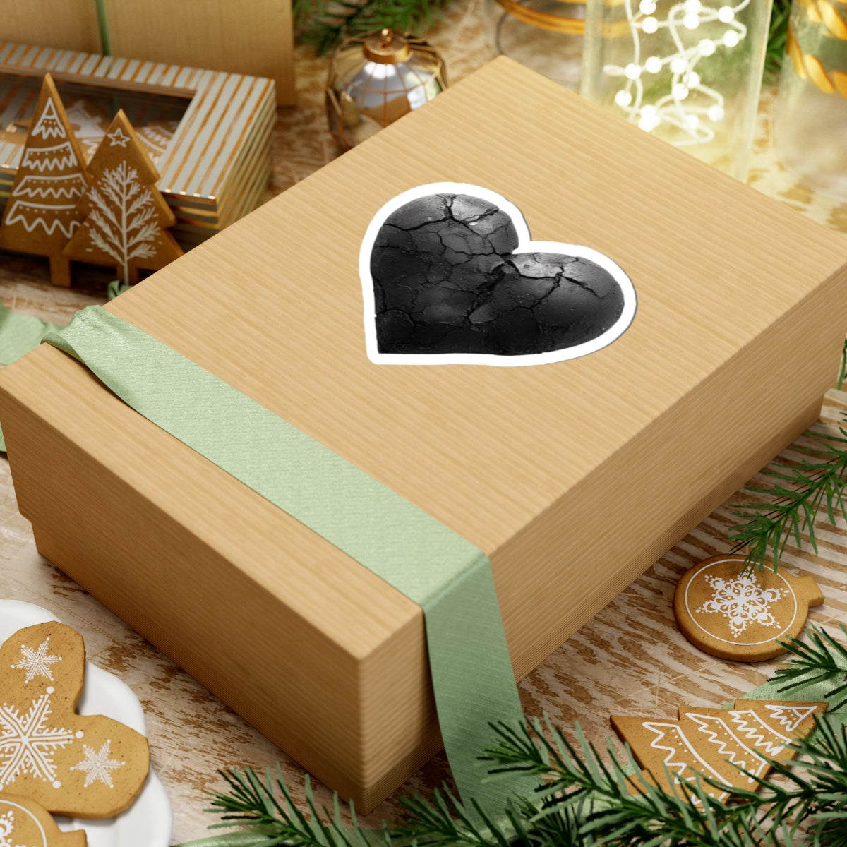 Elegant Gift Box with Black Heart Decoration Christmas