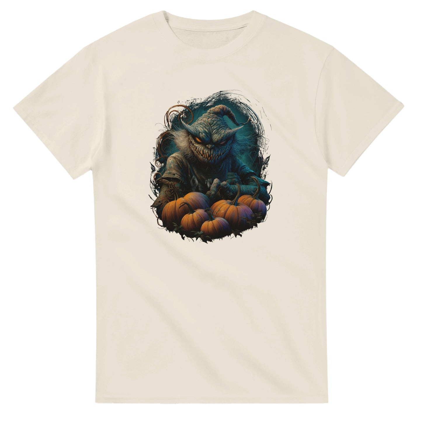 Spooky Scarecrow & Pumpkins on a Heavyweight T-shirt
