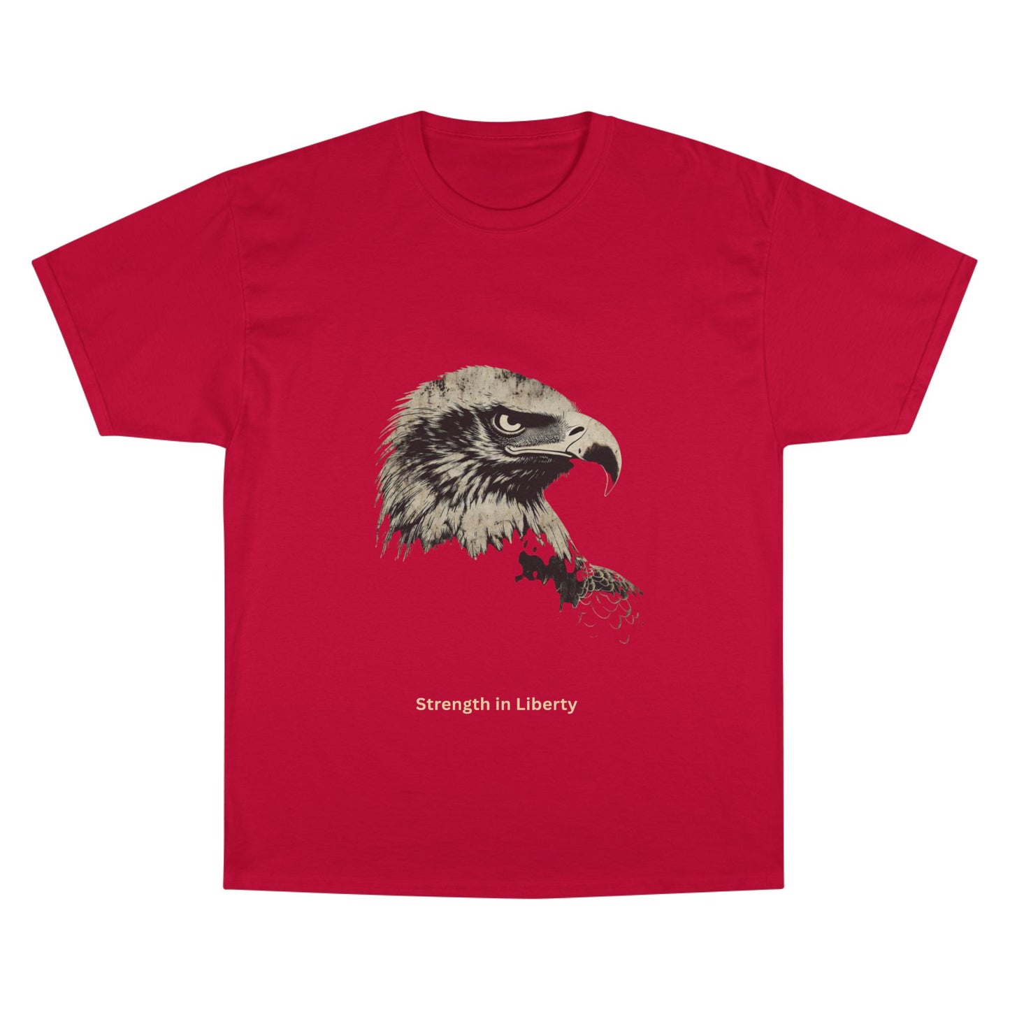 Strength in Liberty small font text below an eagle head on a Champion Tee