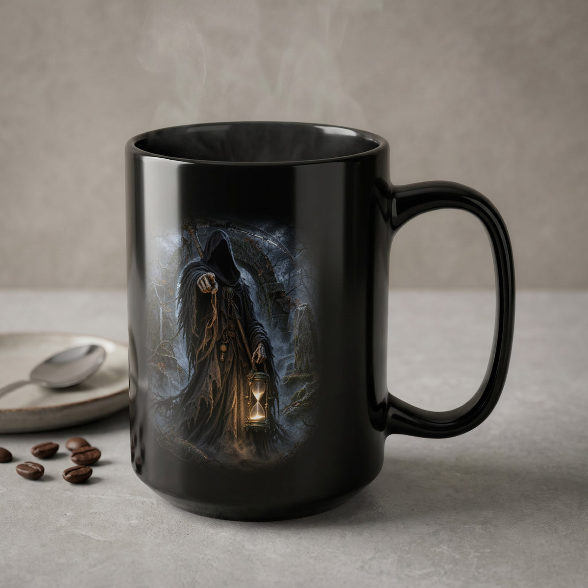 Black mug featuring a grim reaper holding a lantern with an hourglass.