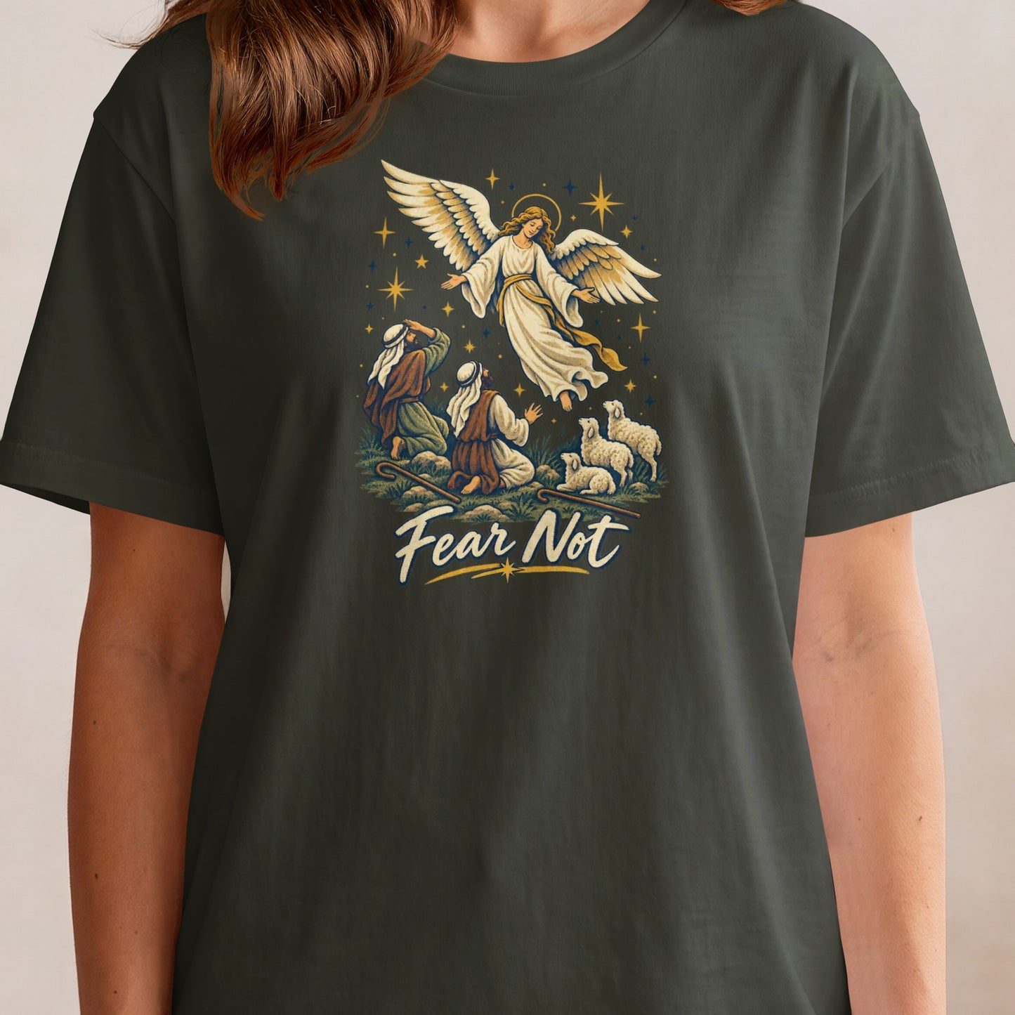 Angel appears to shepherds and sheep with text "Fear Not".