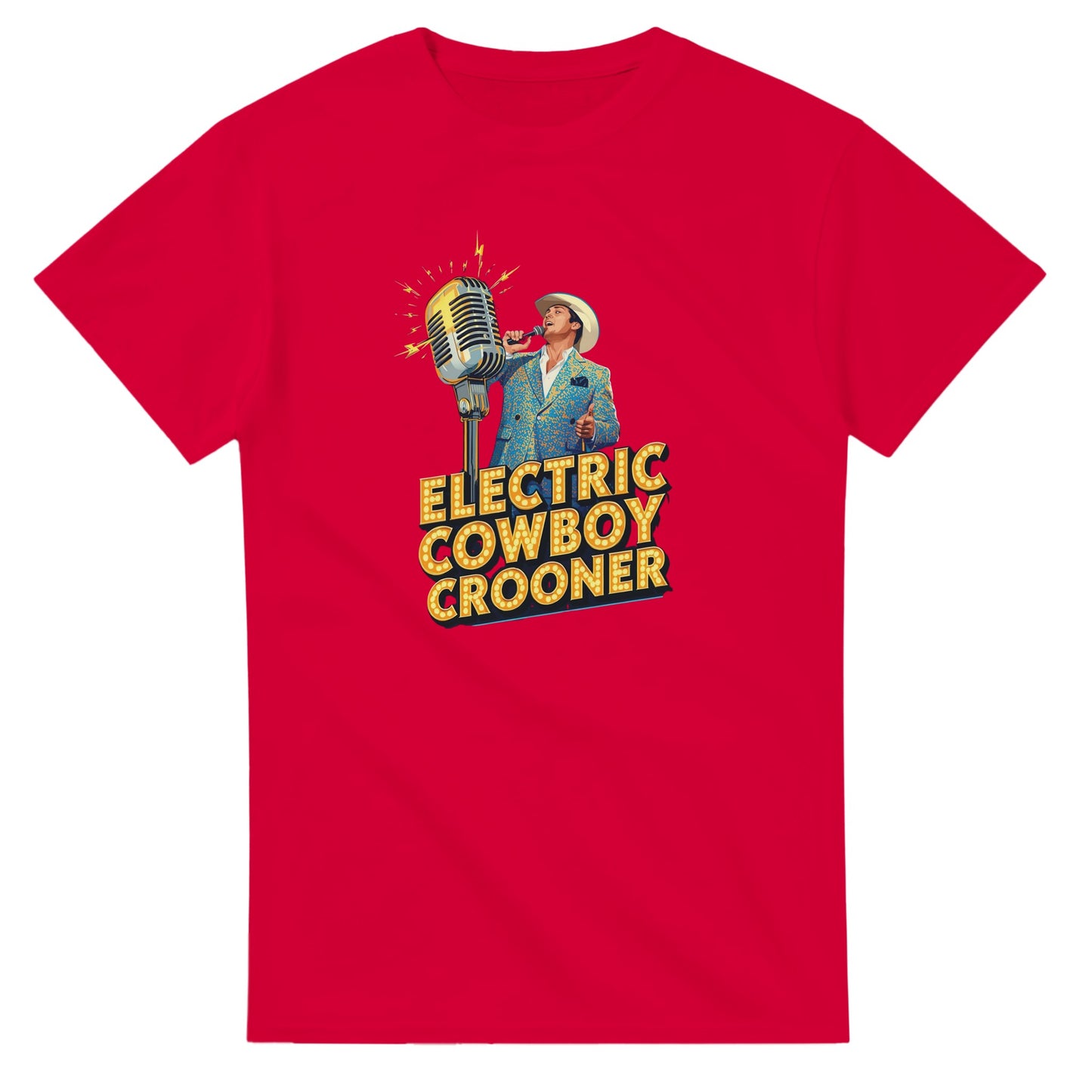 Person wearing a blue t-shirt with 'Electric Cowboy Crooner' design in a mall setting