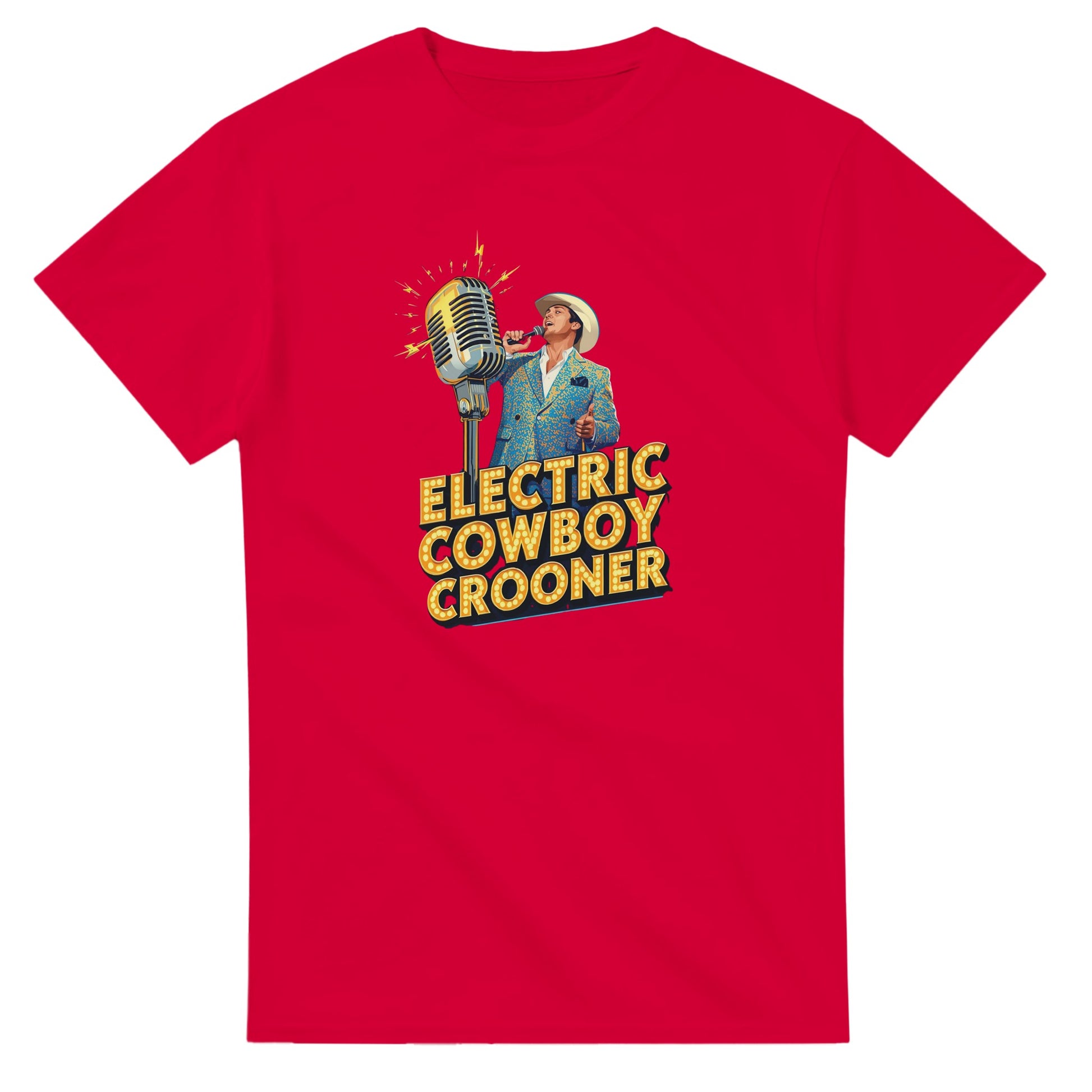 Person wearing a blue t-shirt with 'Electric Cowboy Crooner' design in a mall setting