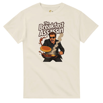 The Breakfast Assassin graphic design on a Heavyweight T-shirt