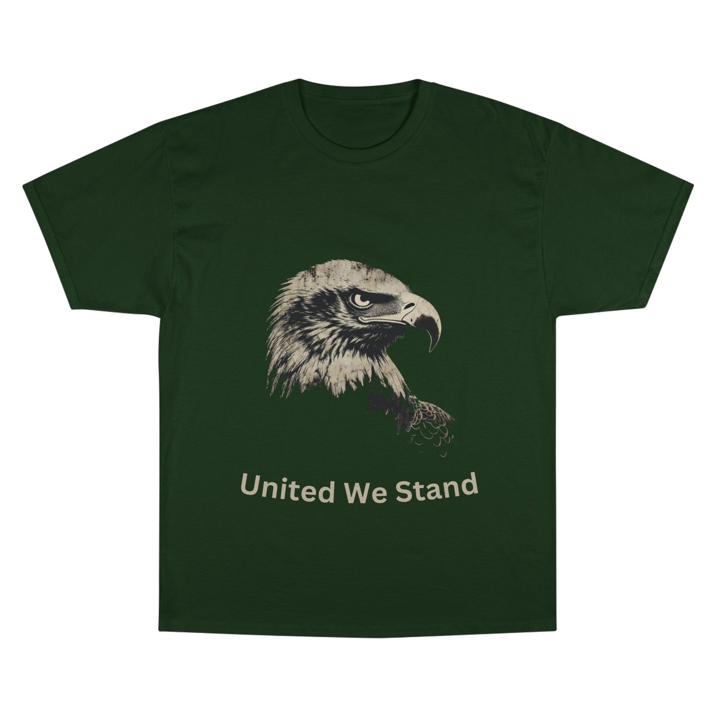 United We Stand text below an eagle head on a Champion Tee