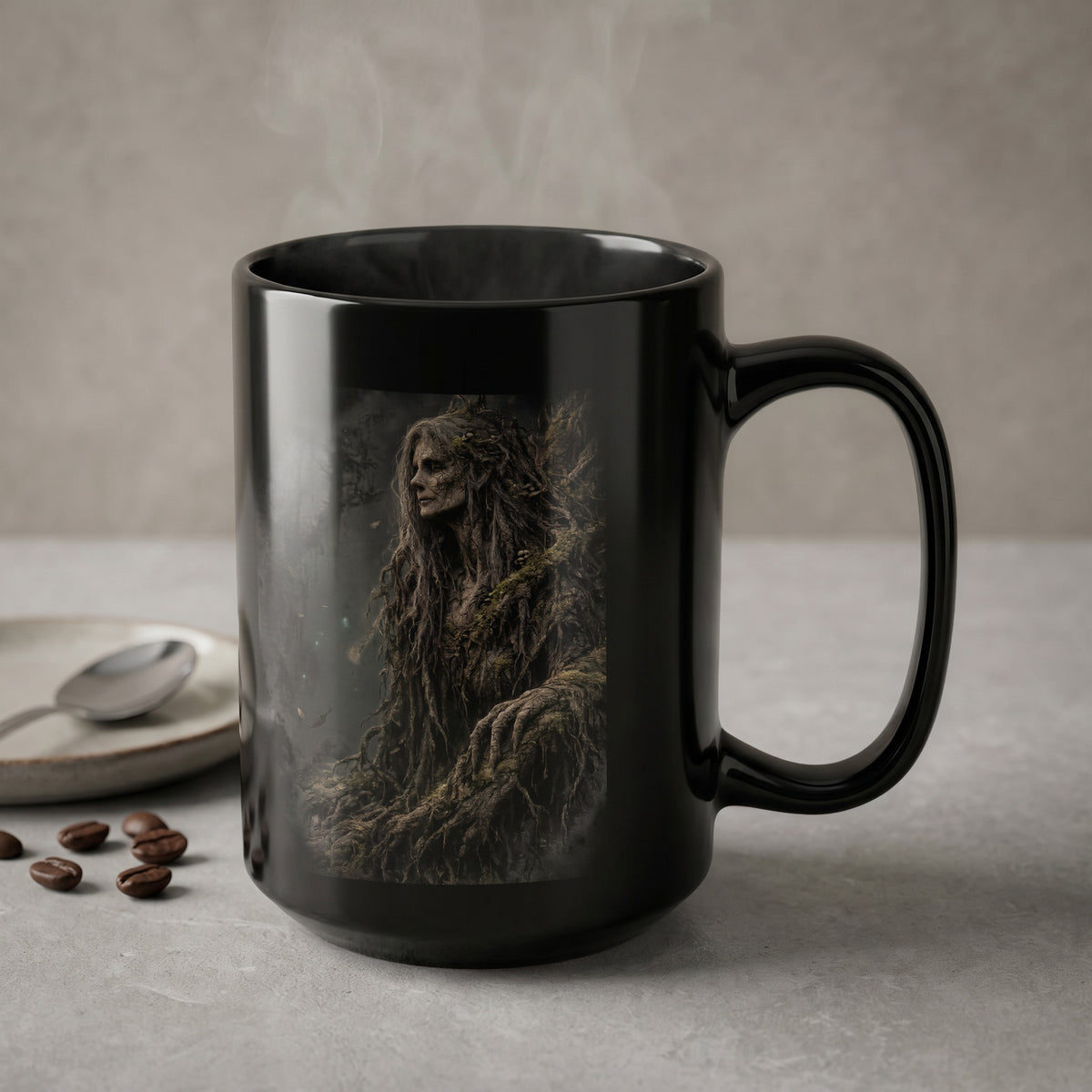 Black mug with detailed illustration of a mossy, ancient tree spirit.