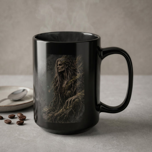 Black mug with detailed illustration of a mossy, ancient tree spirit.