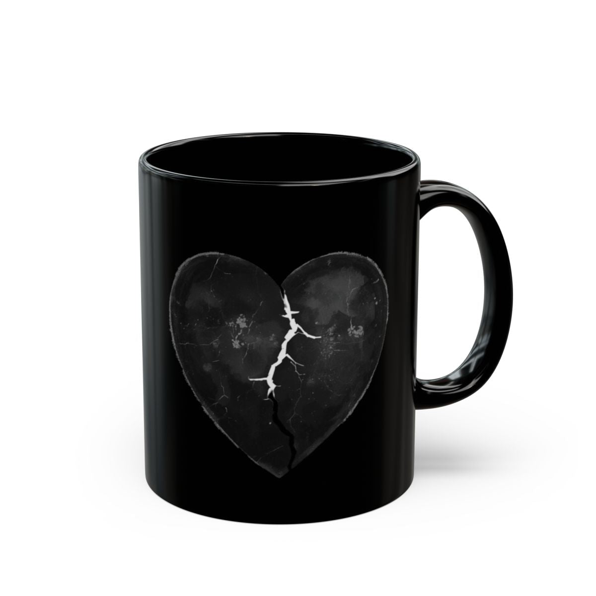 Black Mug With Cracked Heart Design for Coffee Lovers