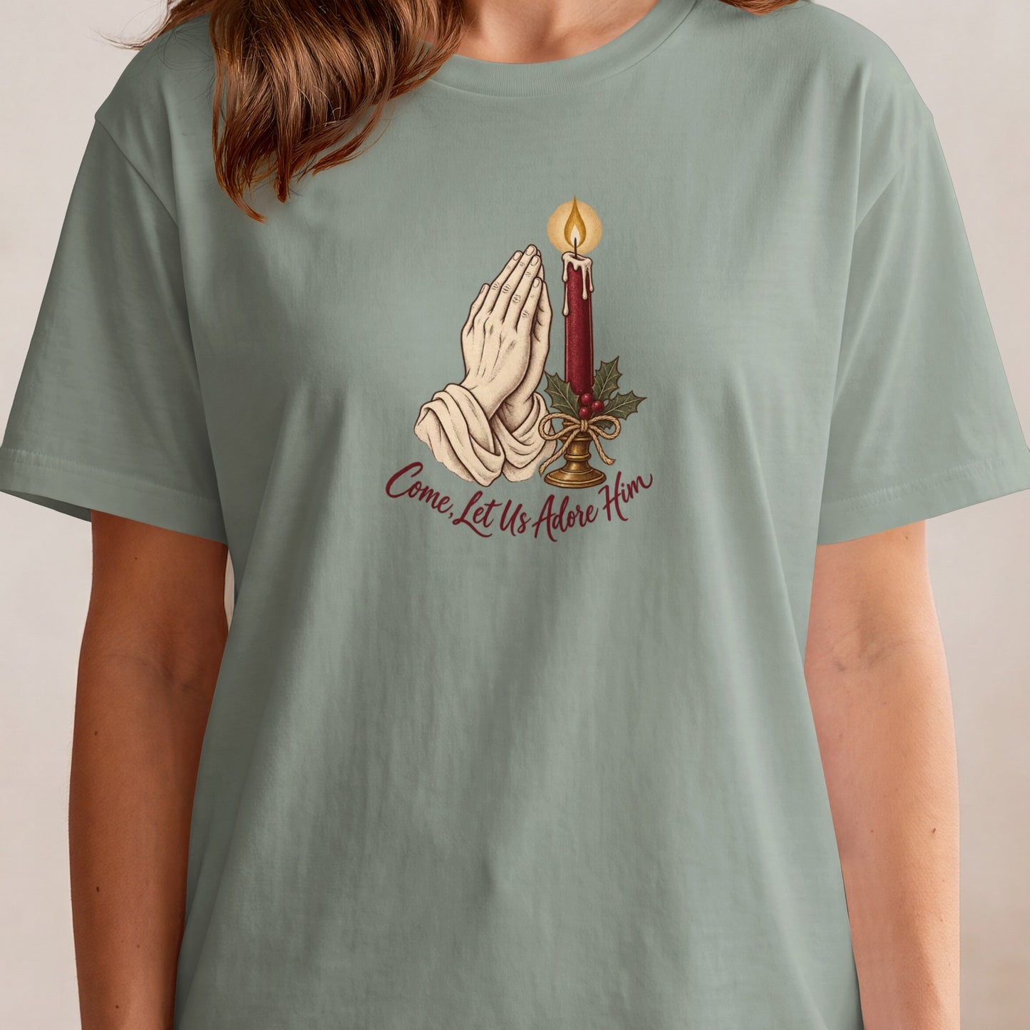 Illustration of praying hands, candle, and holly with text "Come, Let Us Adore Him."