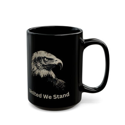 Black mug with eagle and "United We Stand" text.