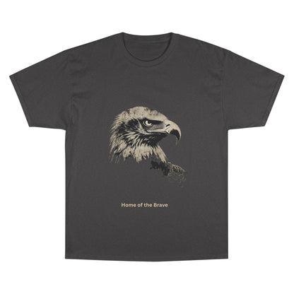 Home of the Brave small font text below an eagle head on a Champion Tee