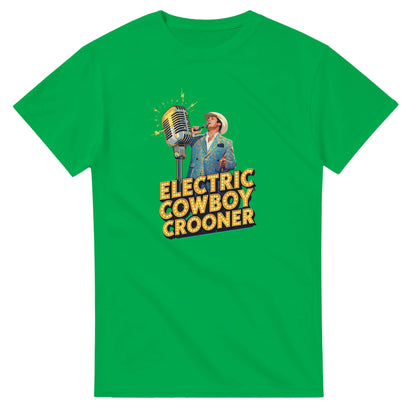 Person wearing a blue t-shirt with 'Electric Cowboy Crooner' design in a mall setting