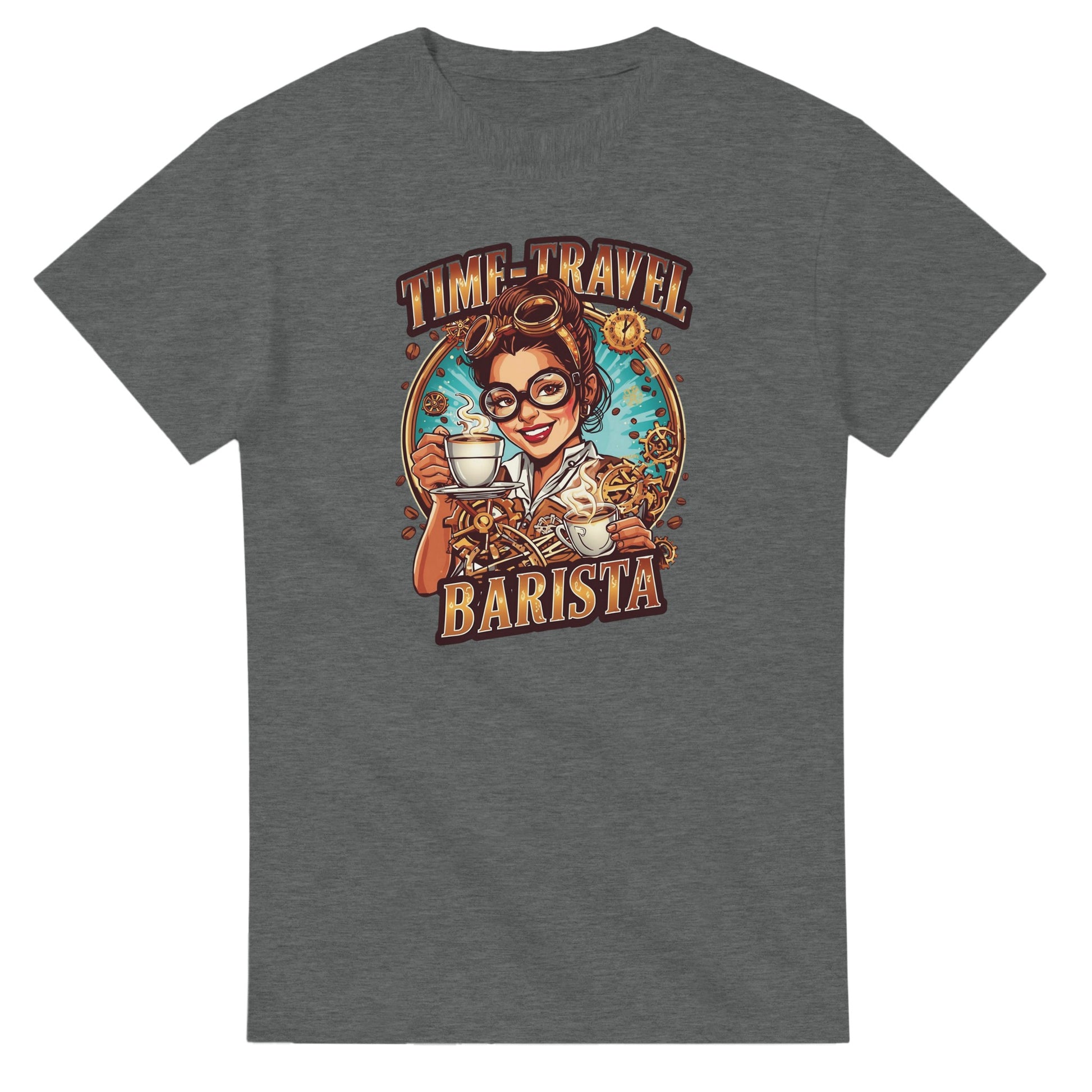 Time-Travel Barista graphic design on a Heavyweight T-shirt