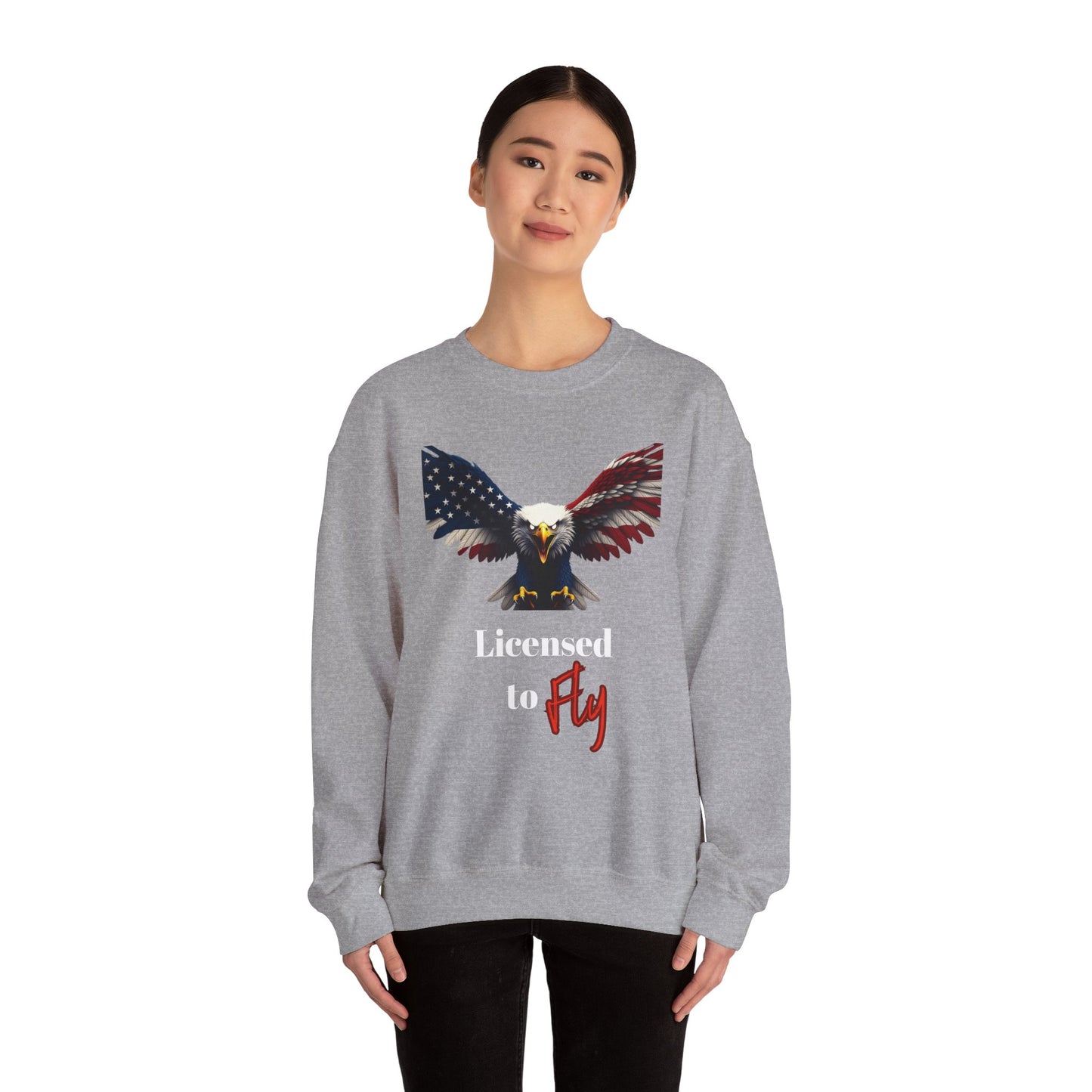 Licensed To Fly Patriotic Eagle text on a Crewneck Sweatshirt