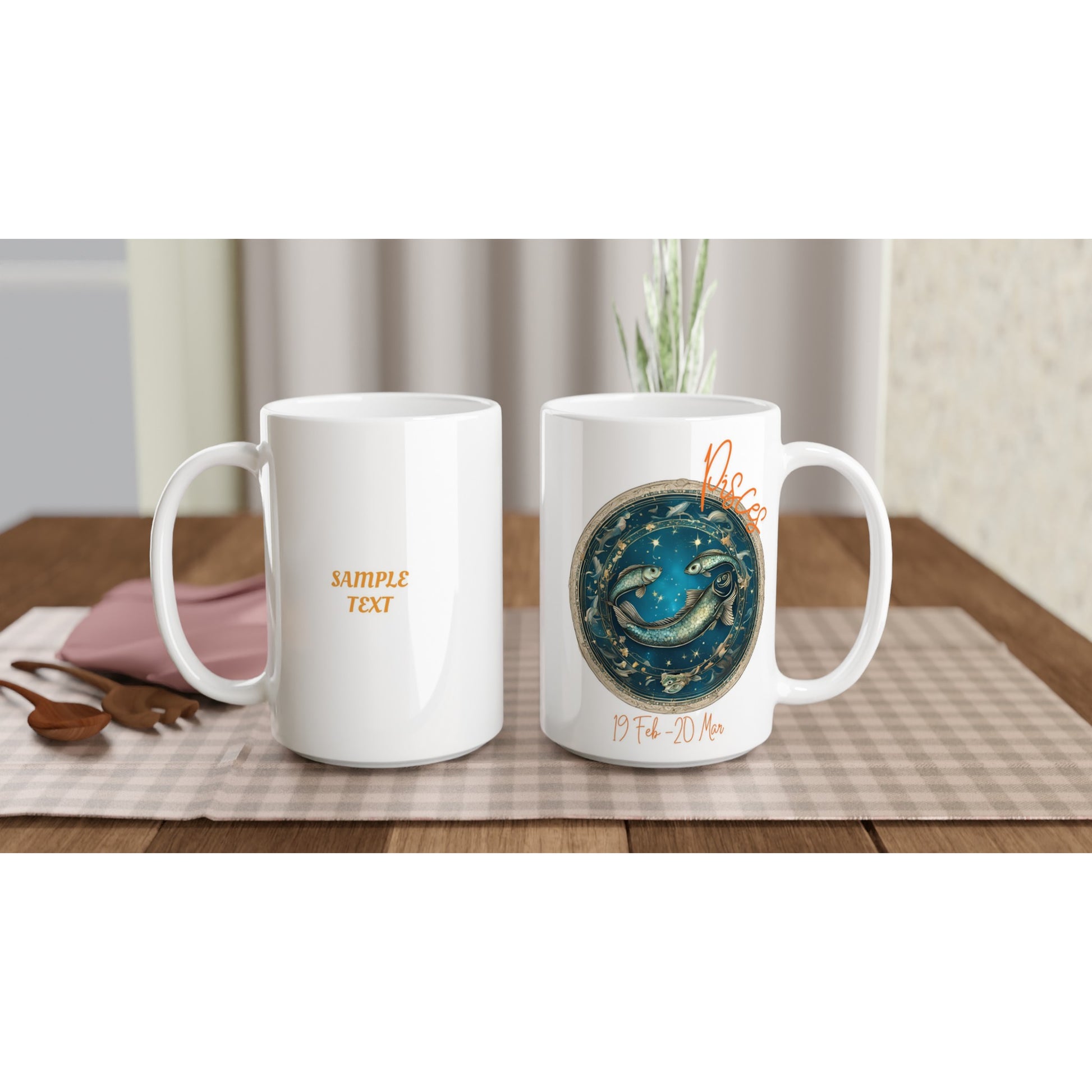 Two white mugs on a wooden table with one featuring a celestial design and text.