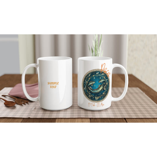 Two white mugs on a wooden table with one featuring a celestial design and text.