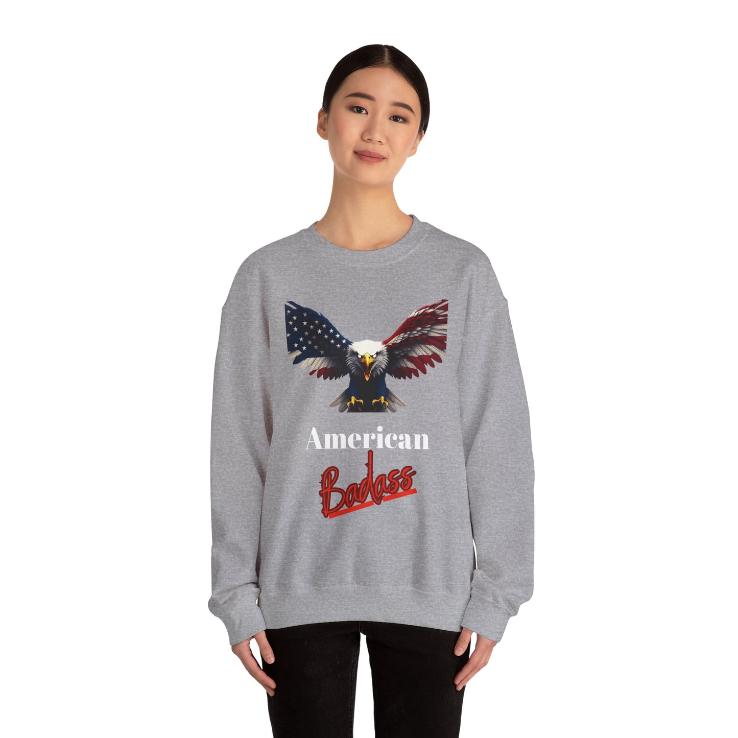 American Badass Patriotic Eagle text on a Crewneck Sweatshirt