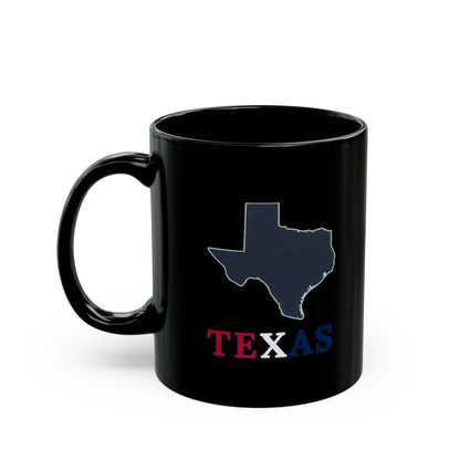 Black mug with Texas state outline and "TEXAS" text.