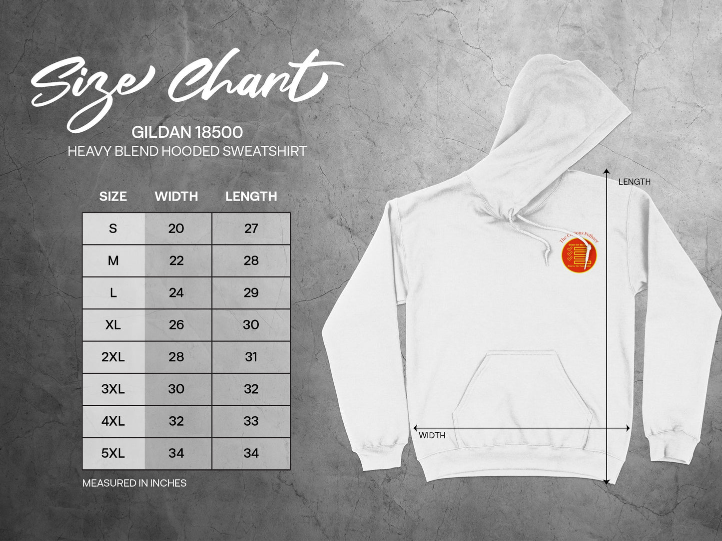 Gildan 18500 hooded sweatshirt size chart with measurements in inches.