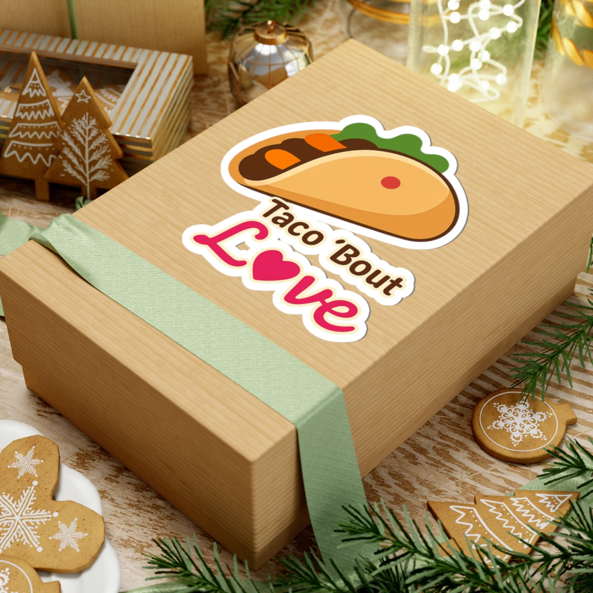 Taco 'Bout Love phrase with a Bold & Playful design on Kiss-Cut Stickers