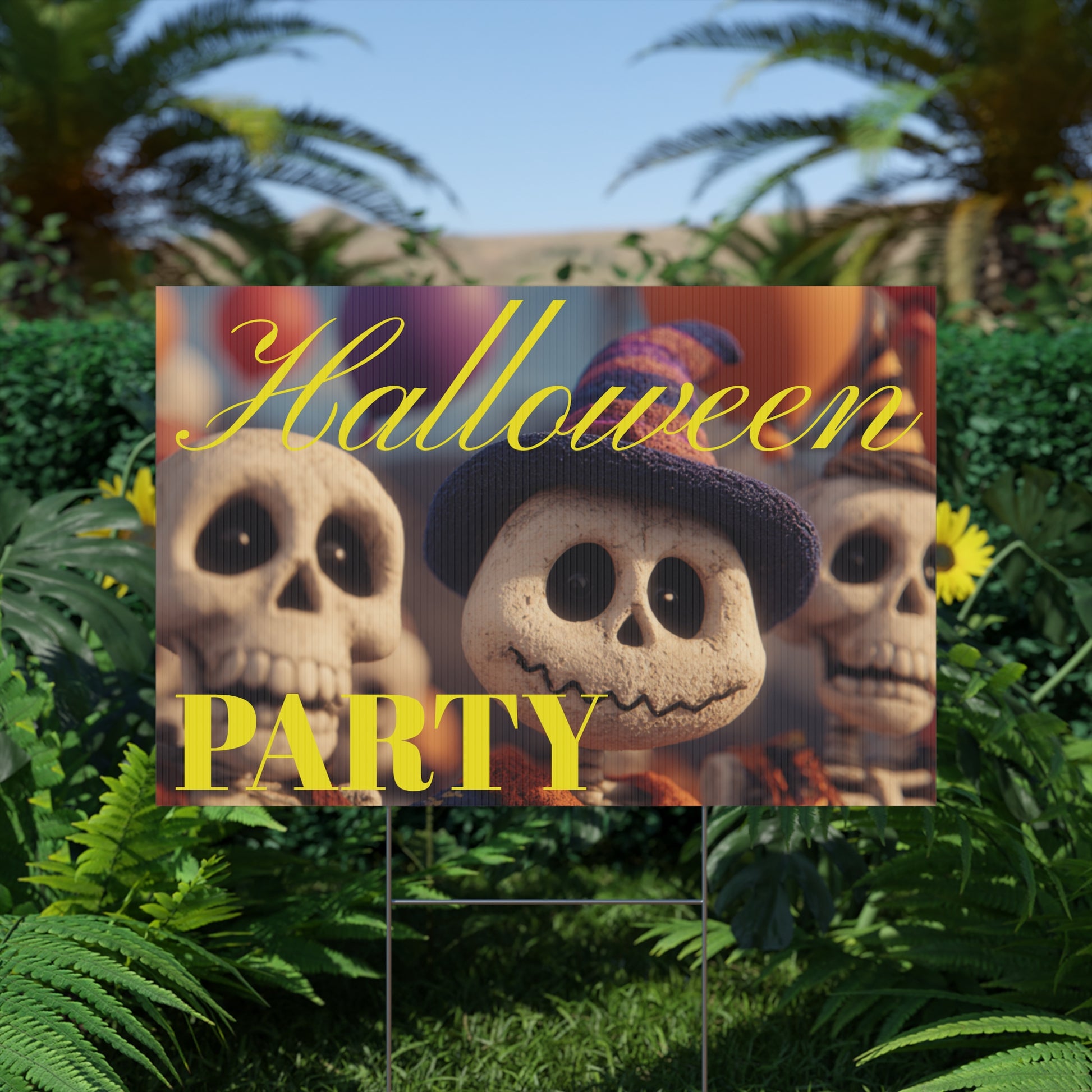 Halloween-themed party sign with cartoon characters on a grassy lawn
