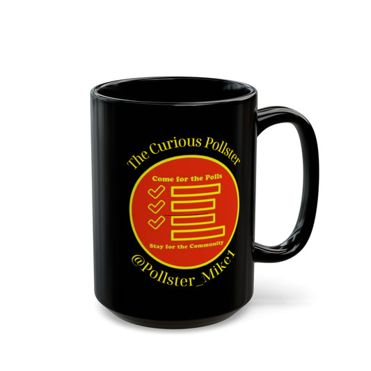 Black mug with "The Curious Pollster" logo featuring checkmarks and horizontal lines.