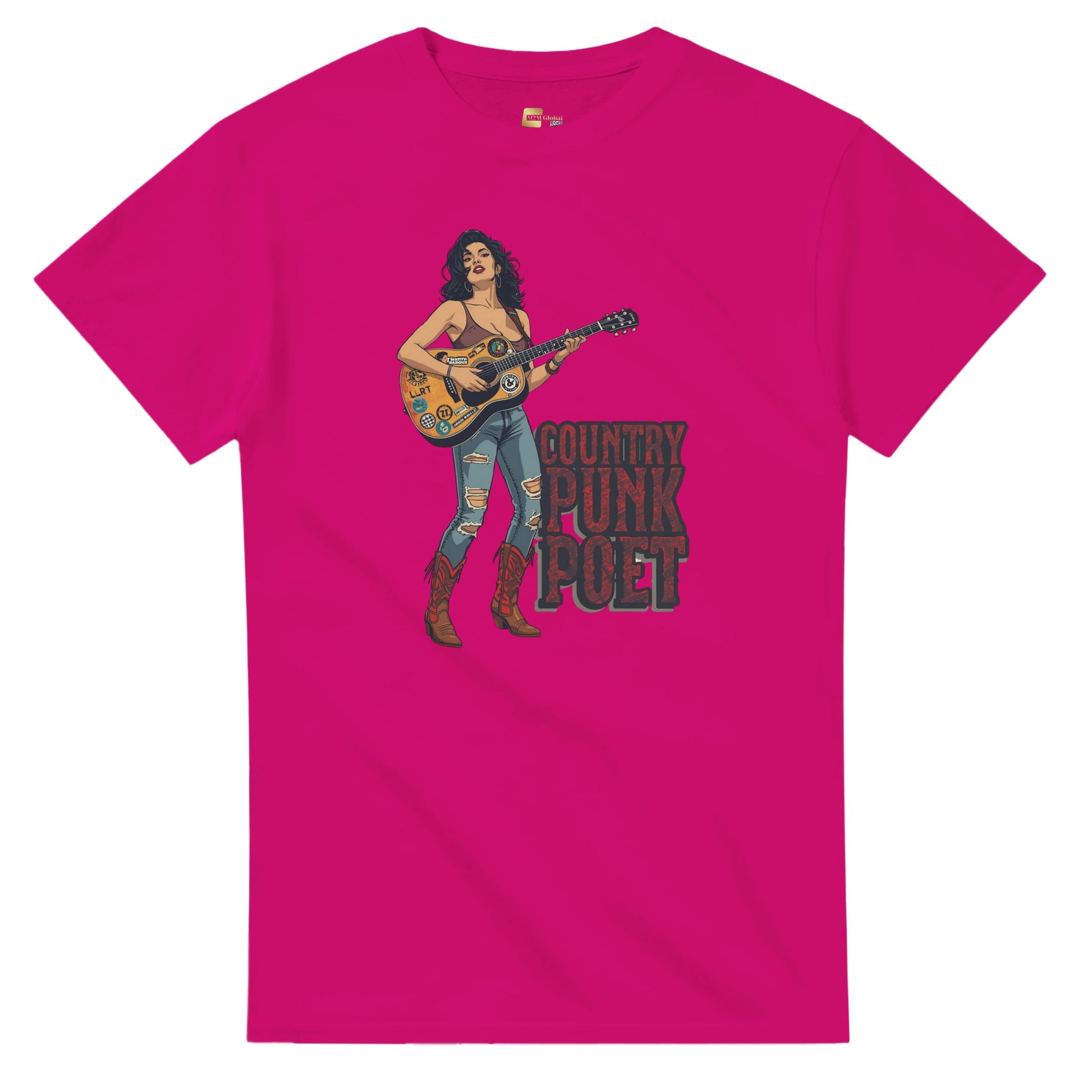 Woman wearing a red t-shirt with a graphic design, holding shopping bags in a mall.