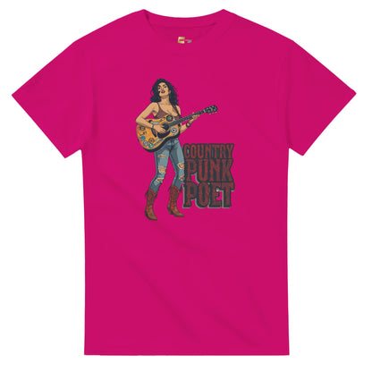 Woman wearing a red t-shirt with a graphic design, holding shopping bags in a mall.