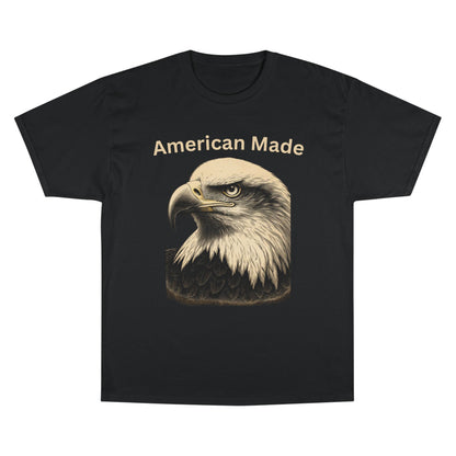 Engraved Eagle - American Made - text on the top of a Champion Tee