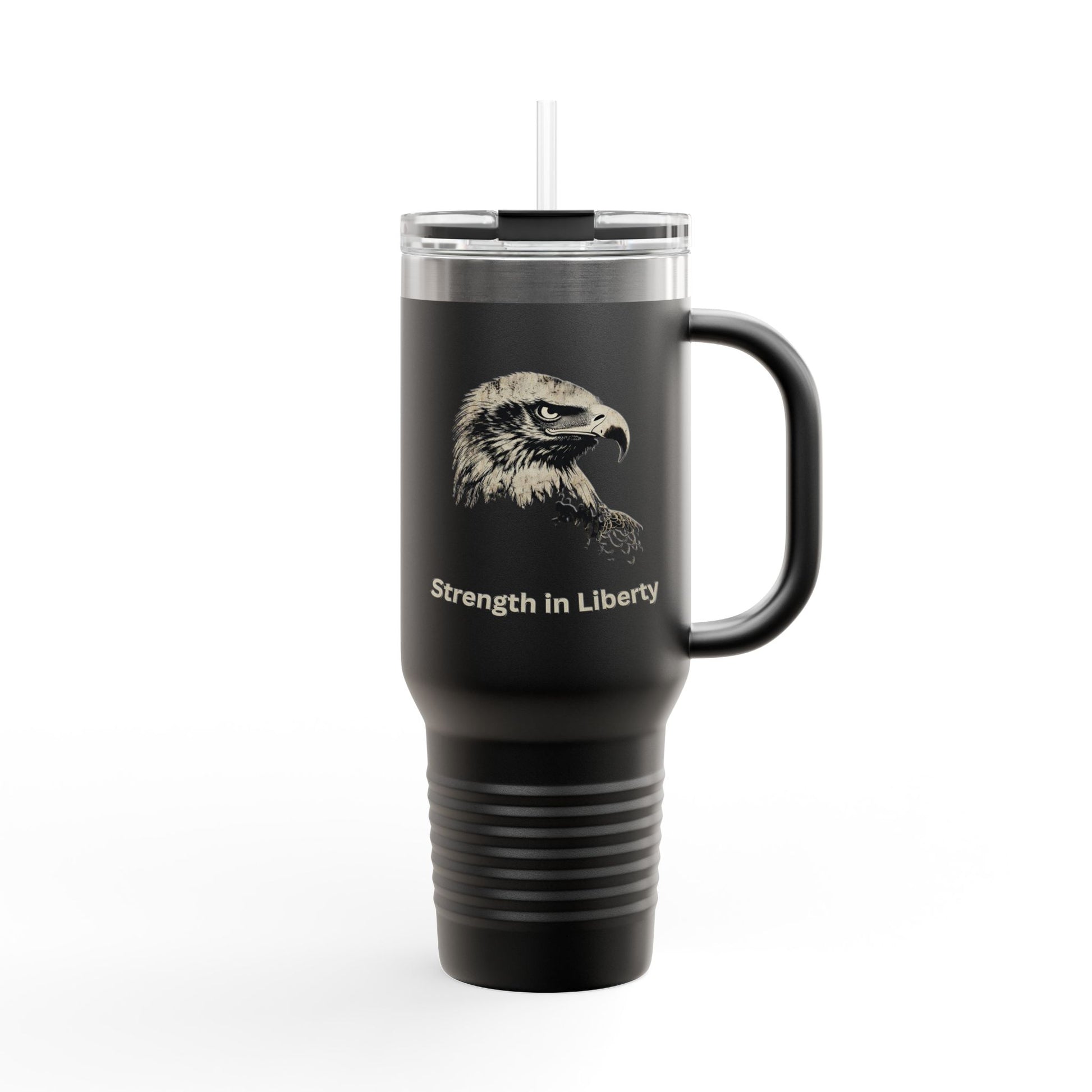 Strength in Liberty text on the bottom of a  40oz Insulated Travel Mug