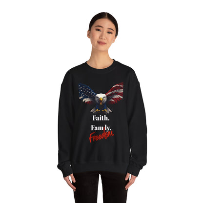 Faith. Family. Freedom Patriotic Eagle text on a Crewneck Sweatshirt