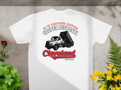 White t-shirt with "Cooper Disposal Cleveland" logo featuring a dump truck.