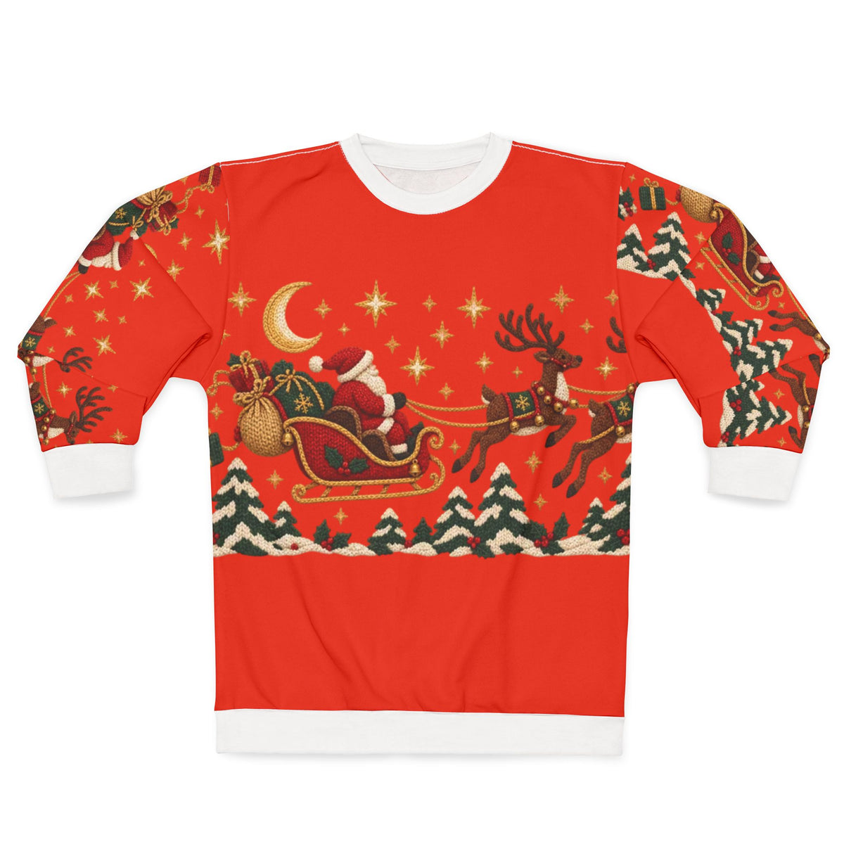Red crewneck sweatshirt with Santa in a sleigh pulled by reindeer, moon, and Christmas trees.