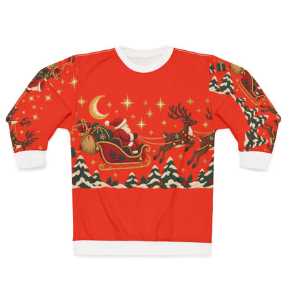 Red crewneck sweatshirt with Santa in a sleigh pulled by reindeer, moon, and Christmas trees.