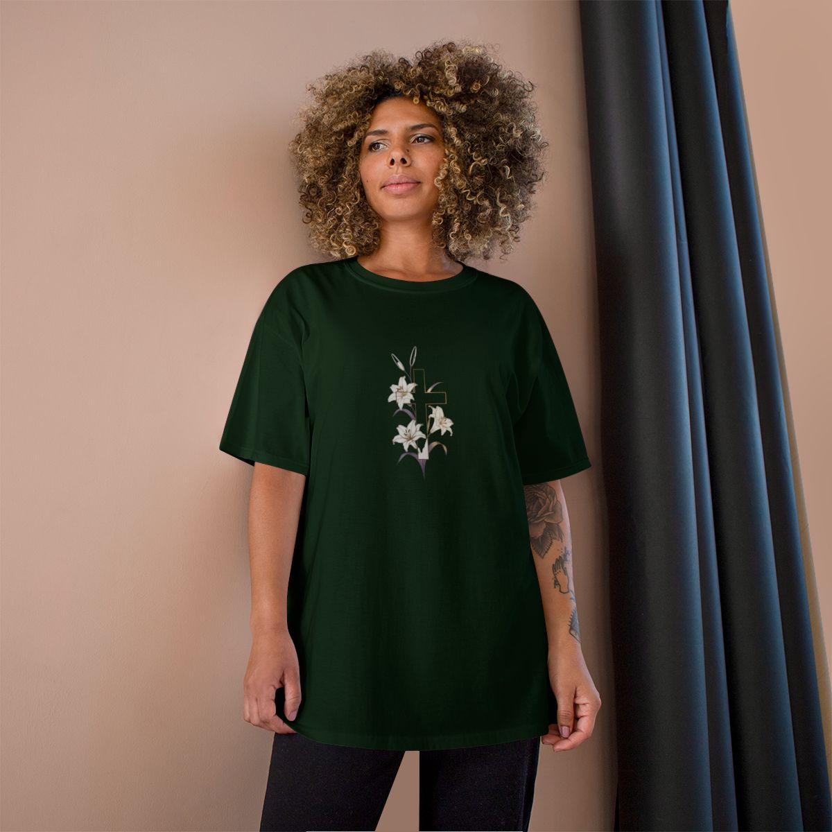 Dark Green Lily Cross Floral Spiritual T-Shirt Product Type