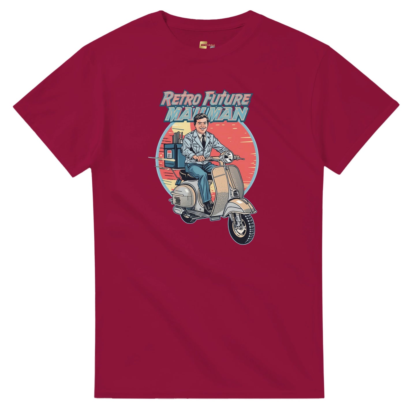 Man wearing a t-shirt with a retro design of a man on a scooter.