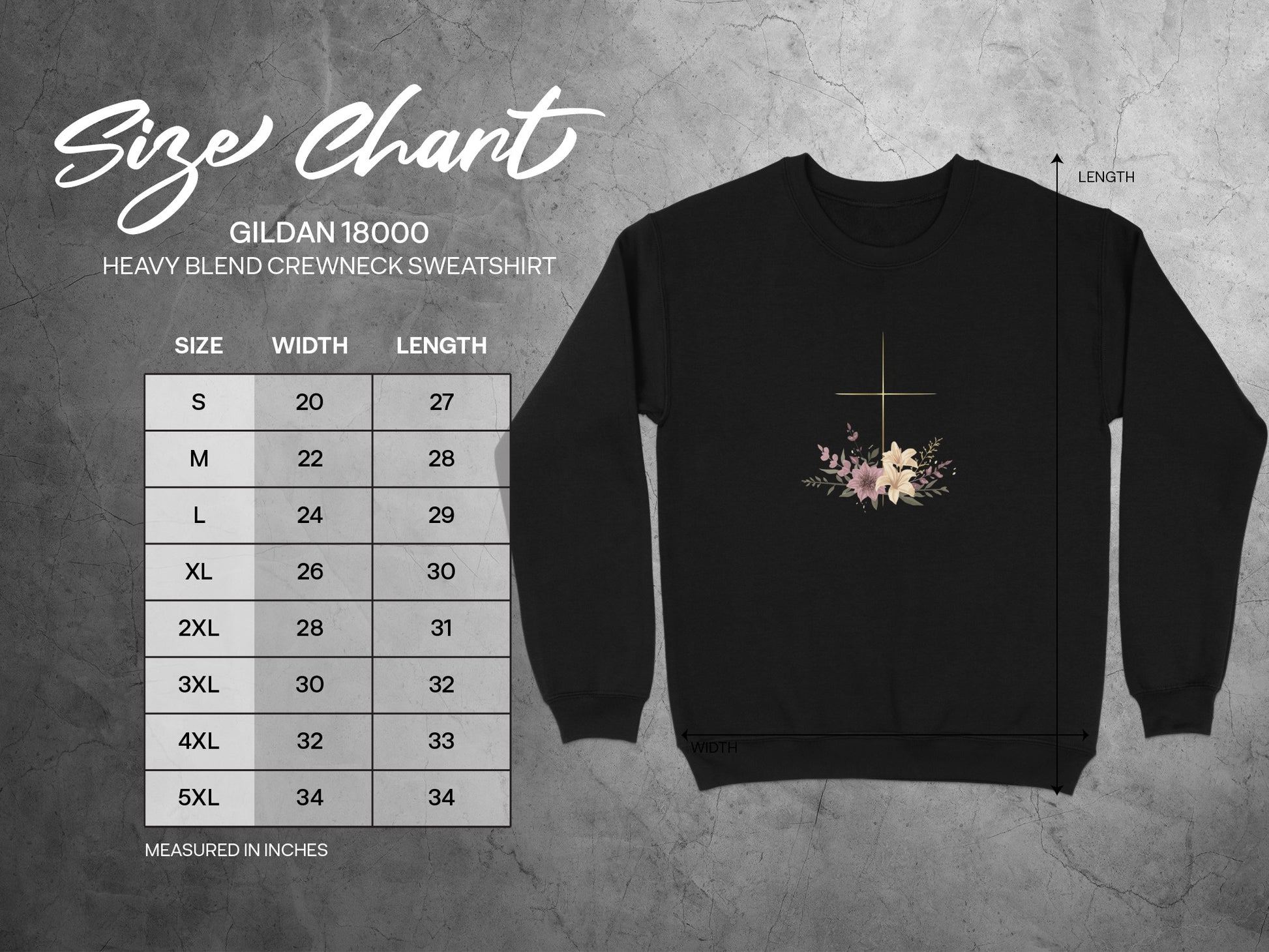 Gildan 18000 sweatshirt size chart with measurements for width and length.