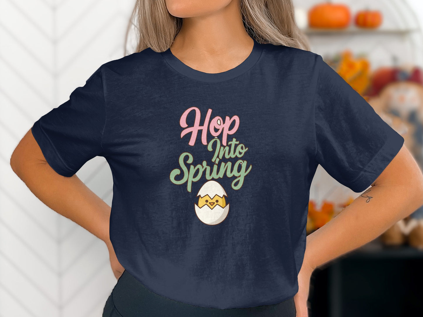 Hop Into Spring Easter Chick Egg Design product type
Hop Into Spring, Easter, Chick, Egg, Spring, Holiday, Celebration, Cute chick, New beginnings, Spring vibes, Festive, Graphic tee, Apparel, Clothing, Dark blue shirt, Women fashion, Casual, Seasonal, Fun design, Easter gift