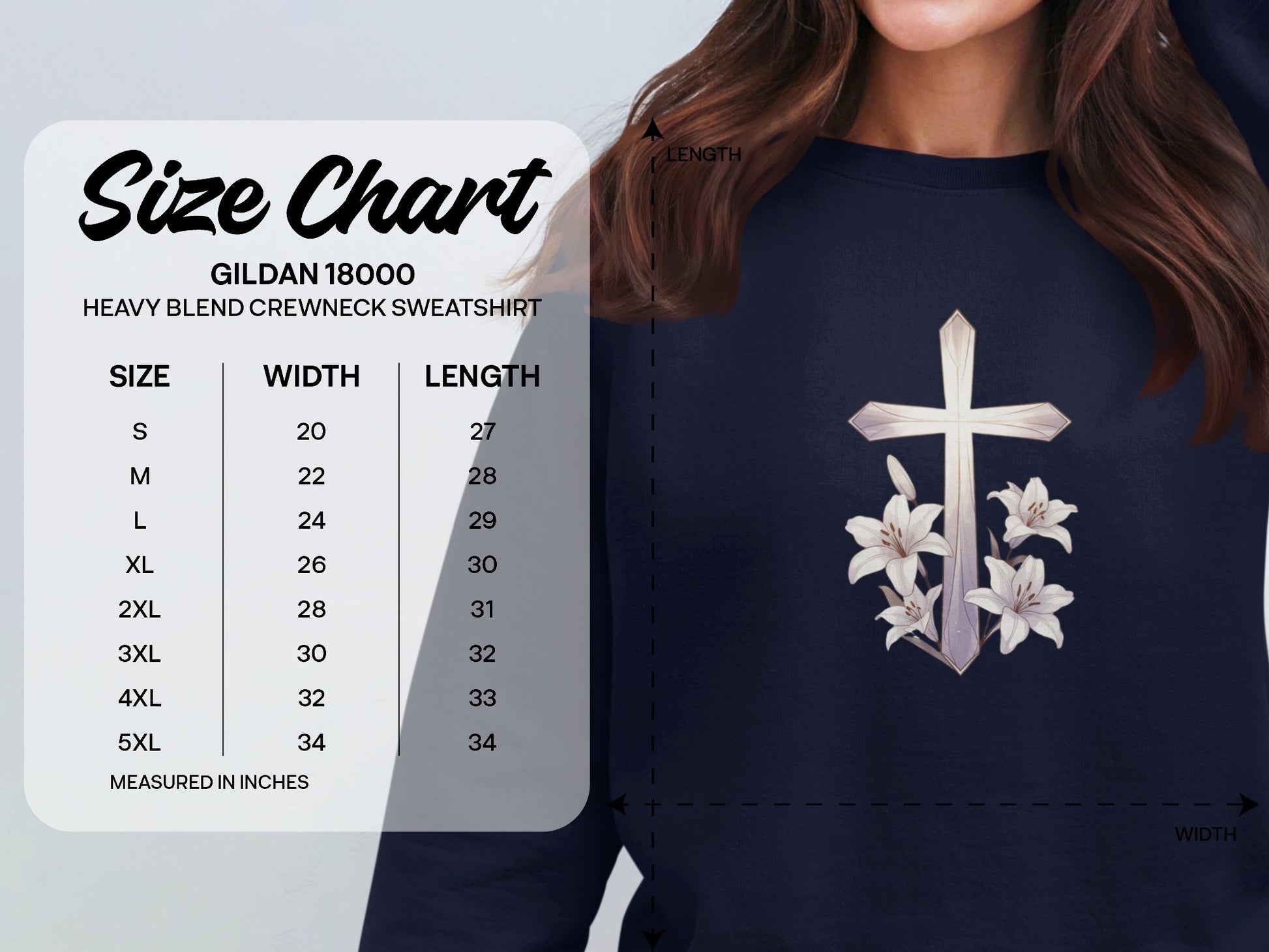 Gildan 18000 sweatshirt size chart with cross and lily graphic.