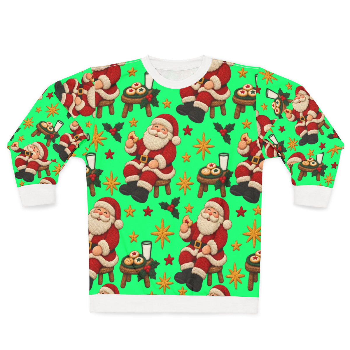 Green sweatshirt with a repeating pattern of Santa Claus eating cookies and drinking milk.