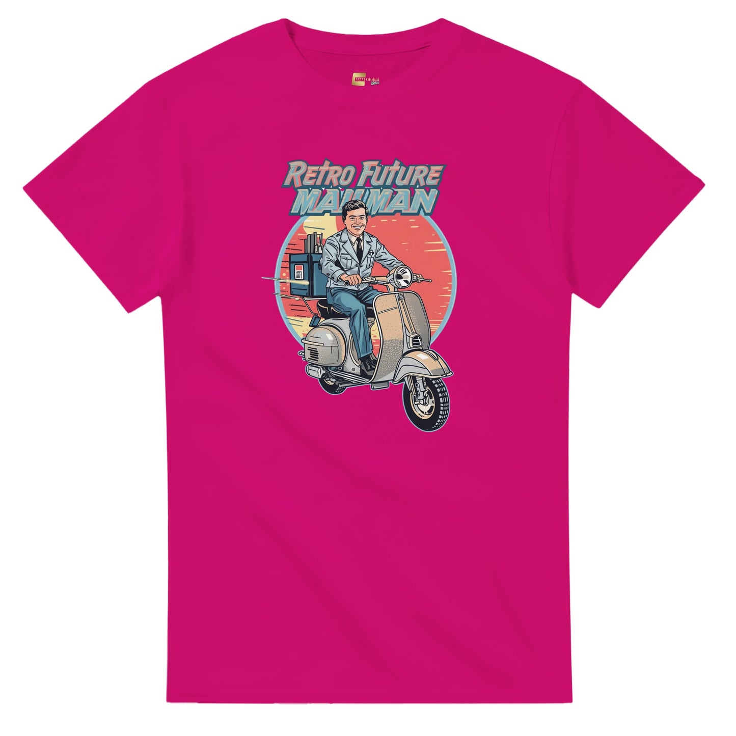Man wearing a t-shirt with a retro design of a man on a scooter.
