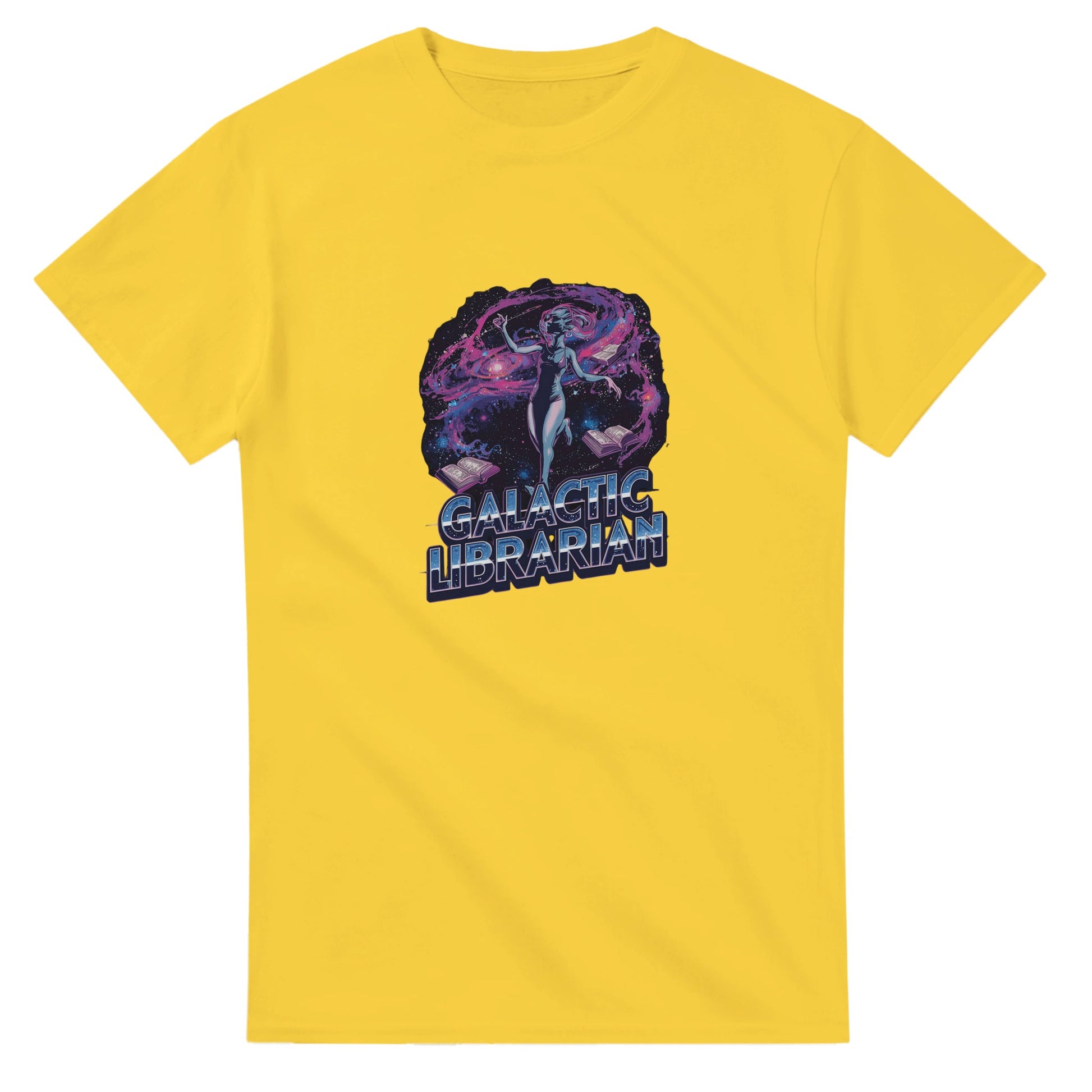 Woman wearing a red t-shirt with a graphic design, holding shopping bags in a mall.