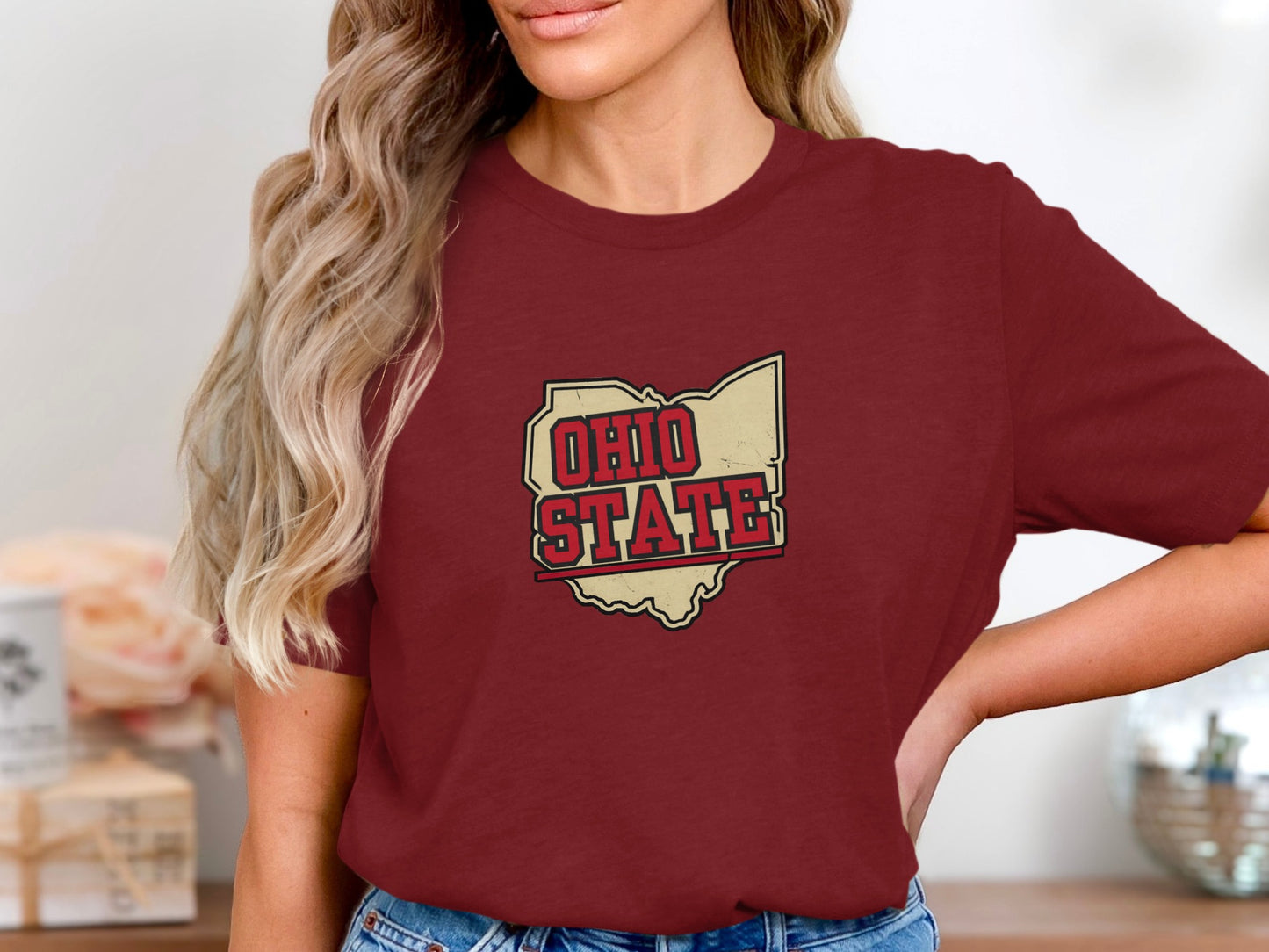 Maroon t-shirt with Ohio State outline logo in beige and red.