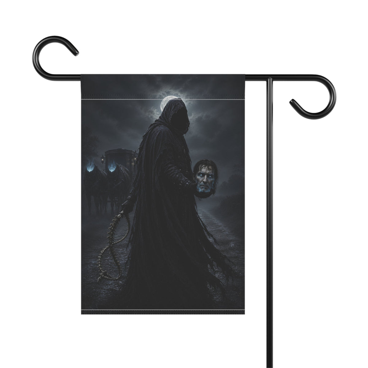 Dullahan in a black cloak carrying his own severed head, moonlit scene.