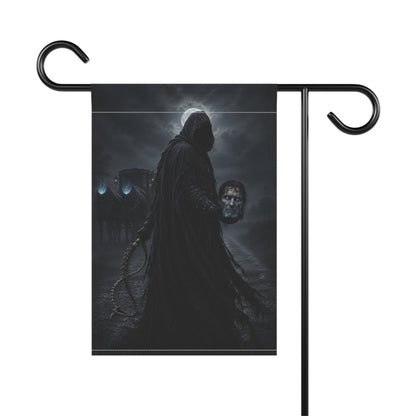 Dullahan in a black cloak carrying his own severed head, moonlit scene.