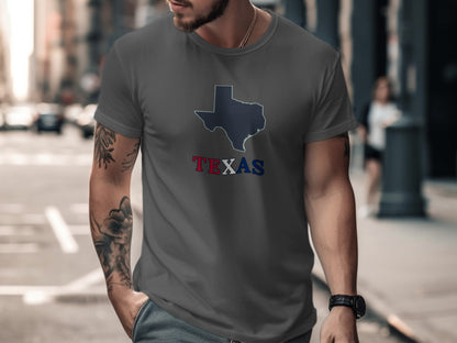 Grey t-shirt featuring a Texas outline with "TEXAS" in red, white, and blue.